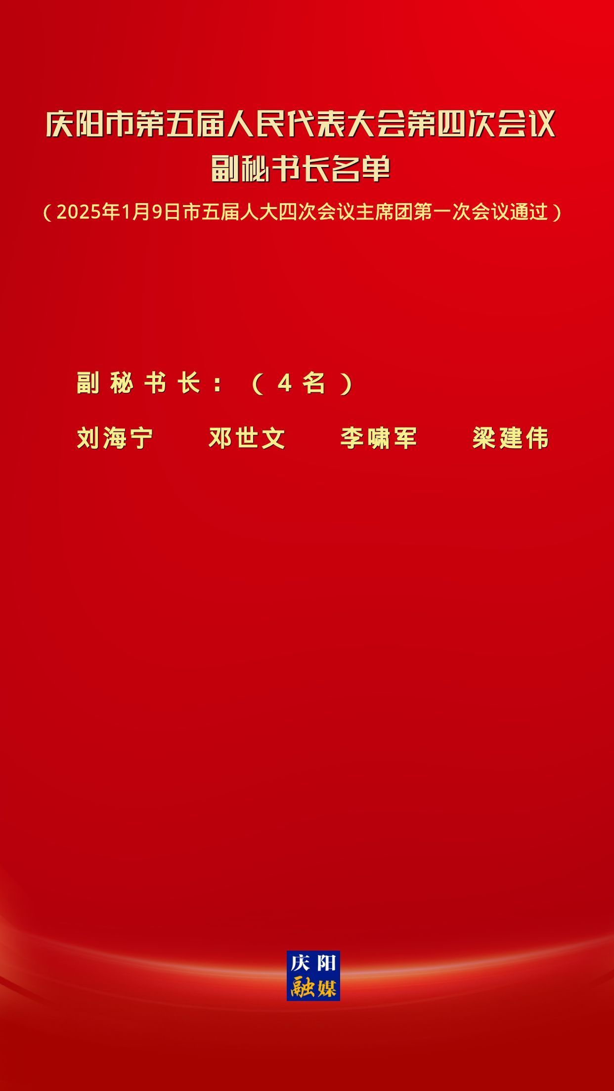 慶陽市第五屆人民代表大會(huì)第四次會(huì)議副秘書長(zhǎng)名單